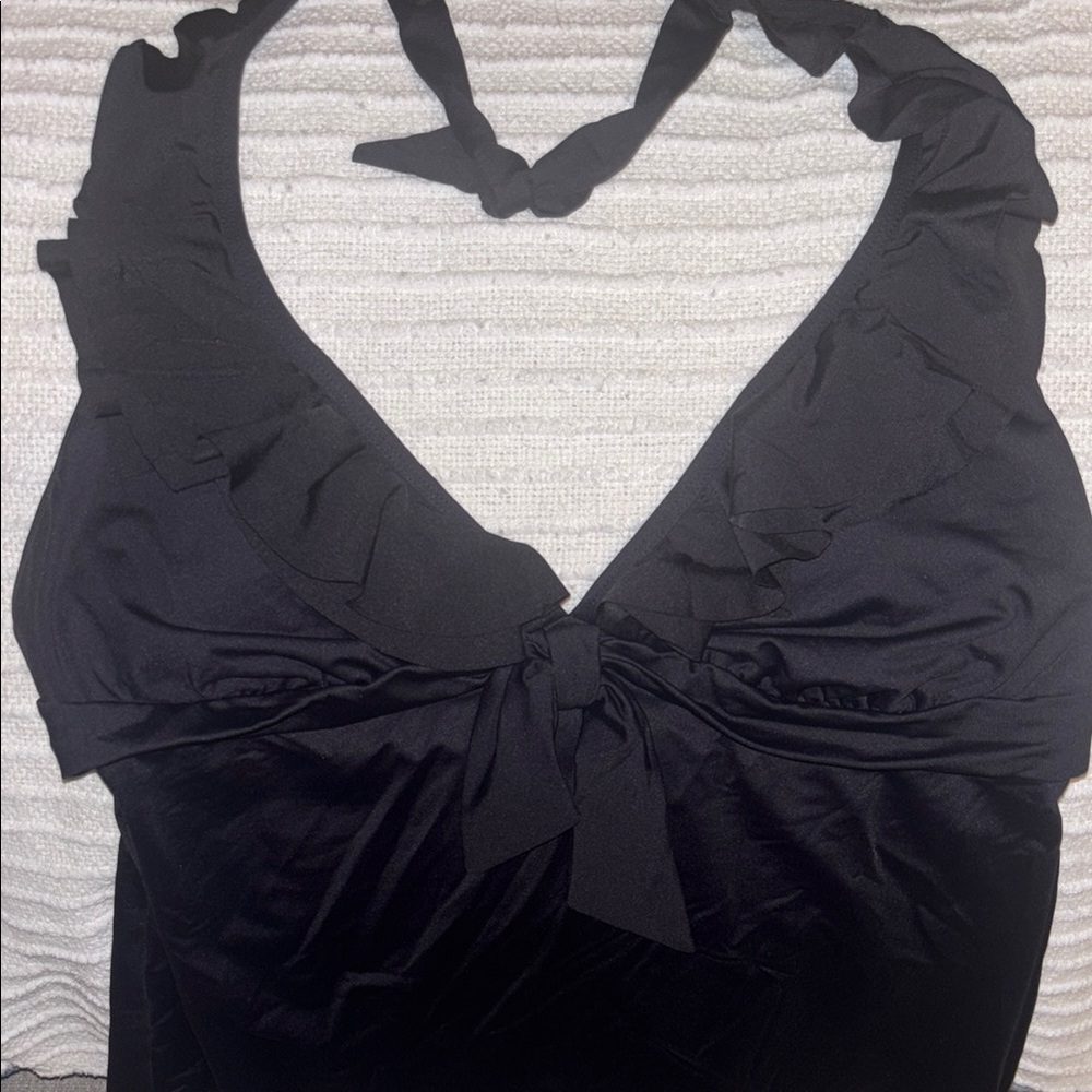 Kenneth Cole Reaction: Black Bikini Tankini Top - Halter Ruffle & Bow Detail